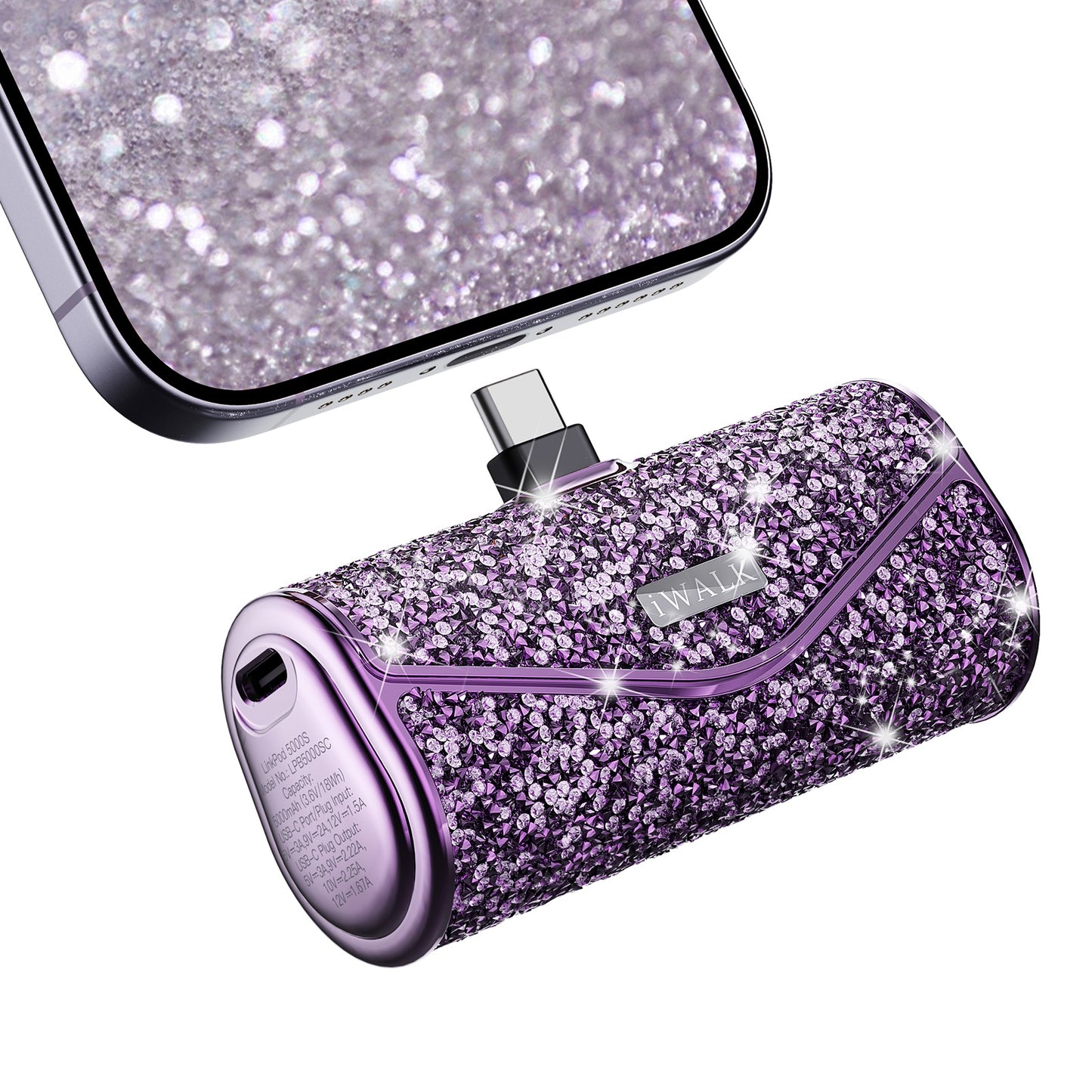 Sparkly silver iWALK LinkPod 5000S portable charger for Android phones, plugged into a device.