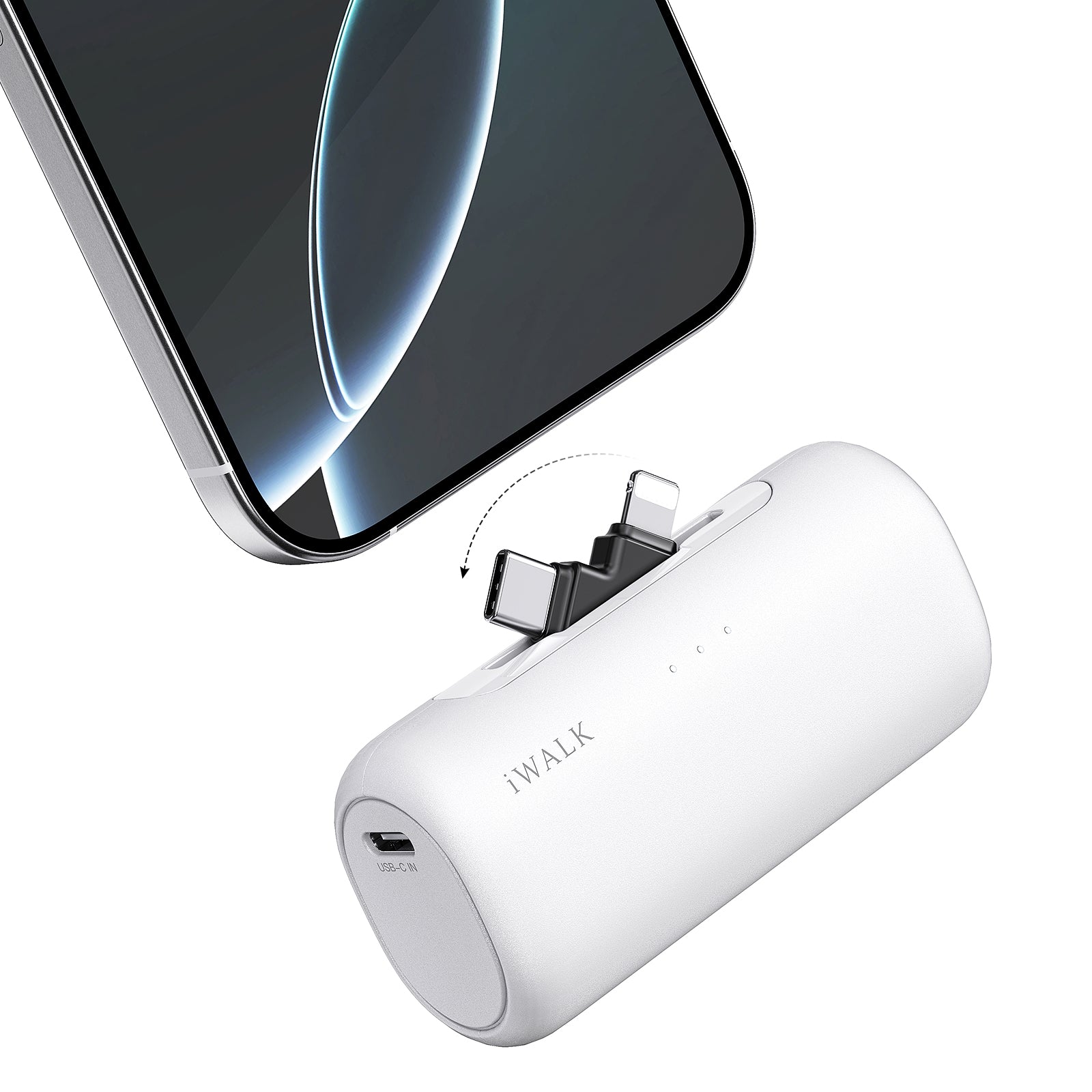 A white compact portable charger with a 2-in-1 connector is shown plugged into a smartphone.