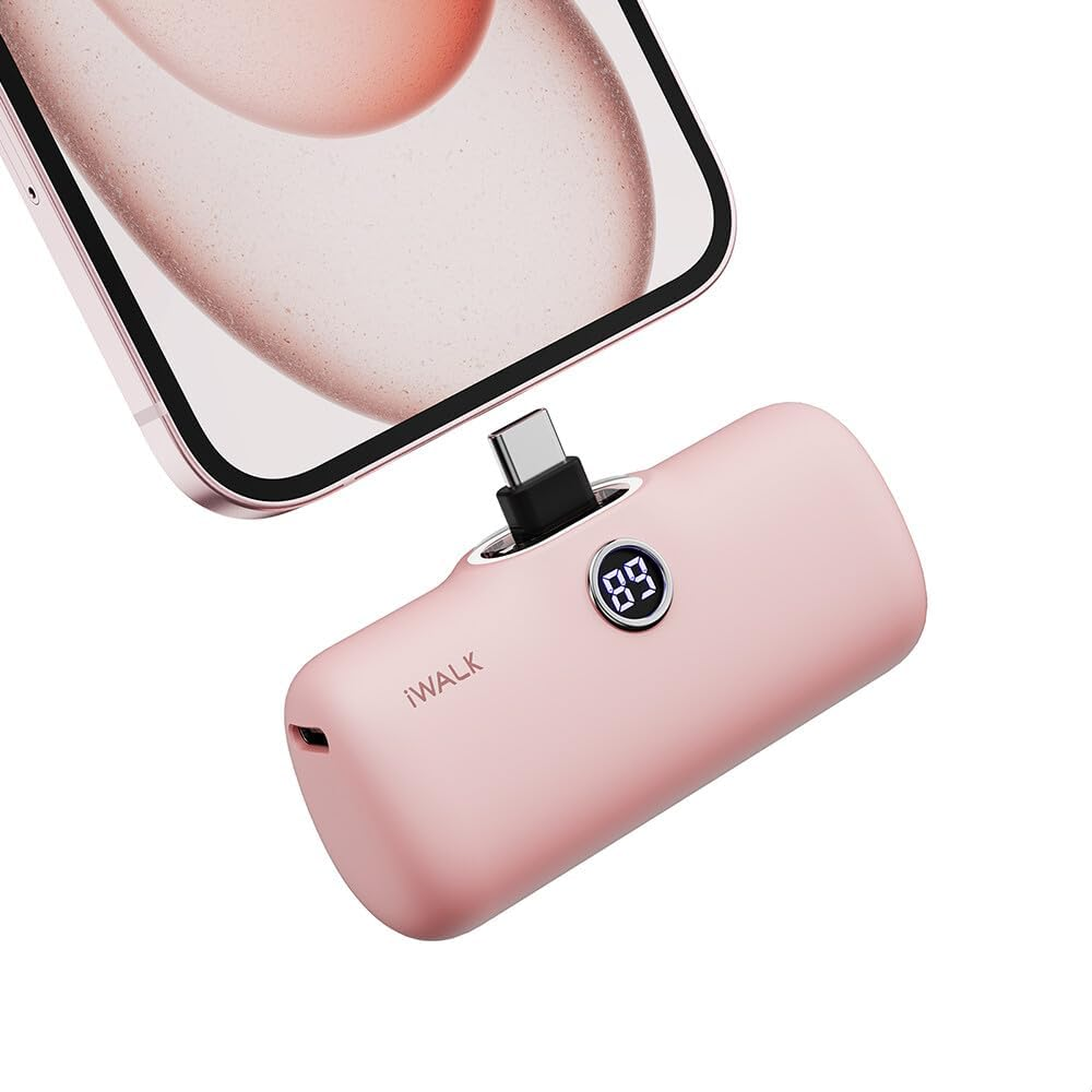 A pink iWALK LinkPod P portable charger with a digital display, designed for iPhone 16/17, is shown.