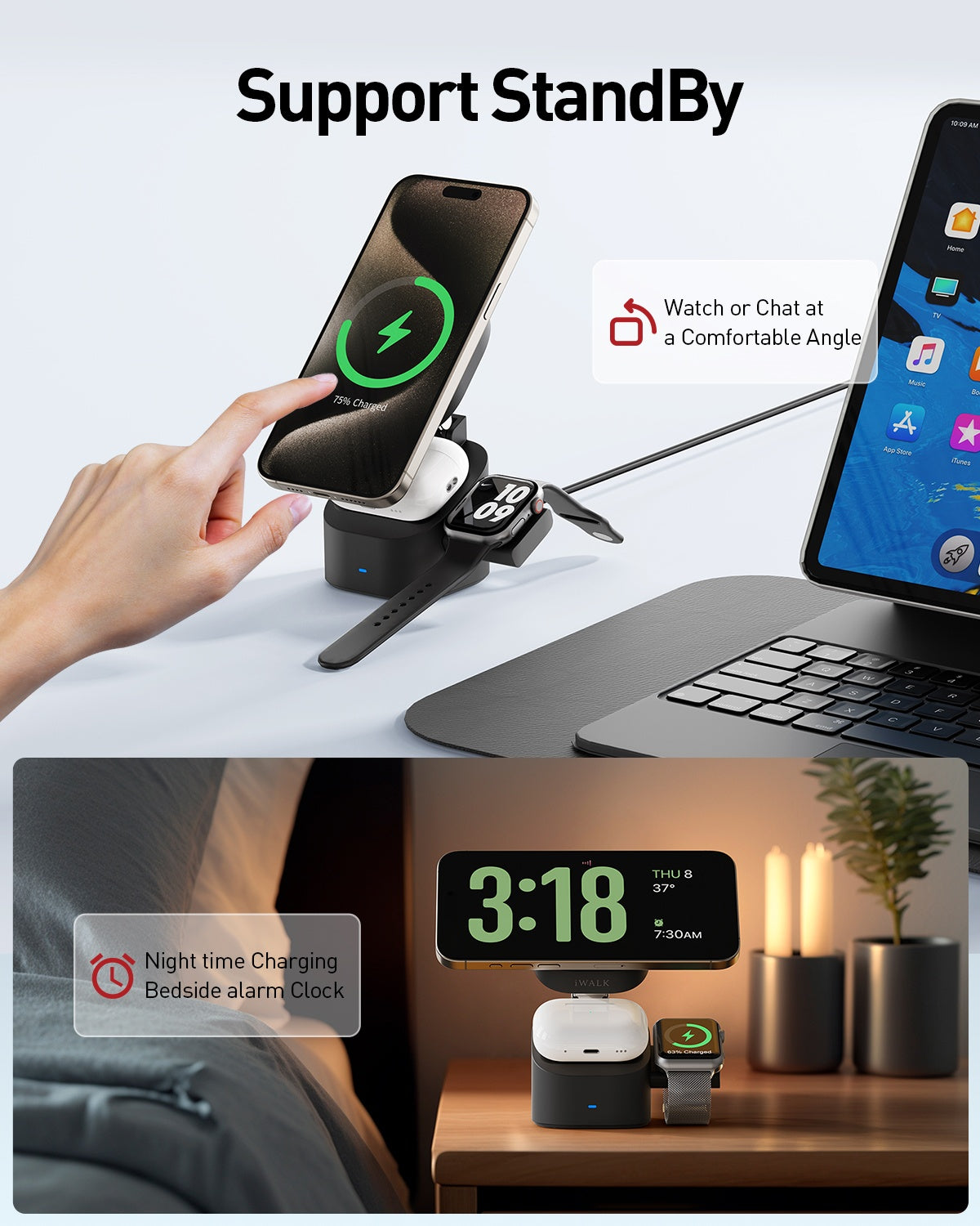 iWALK StandMe Power | MagSafe-Compatible,15W Foldable Flip 3-in-1 Wireless Charging Stand