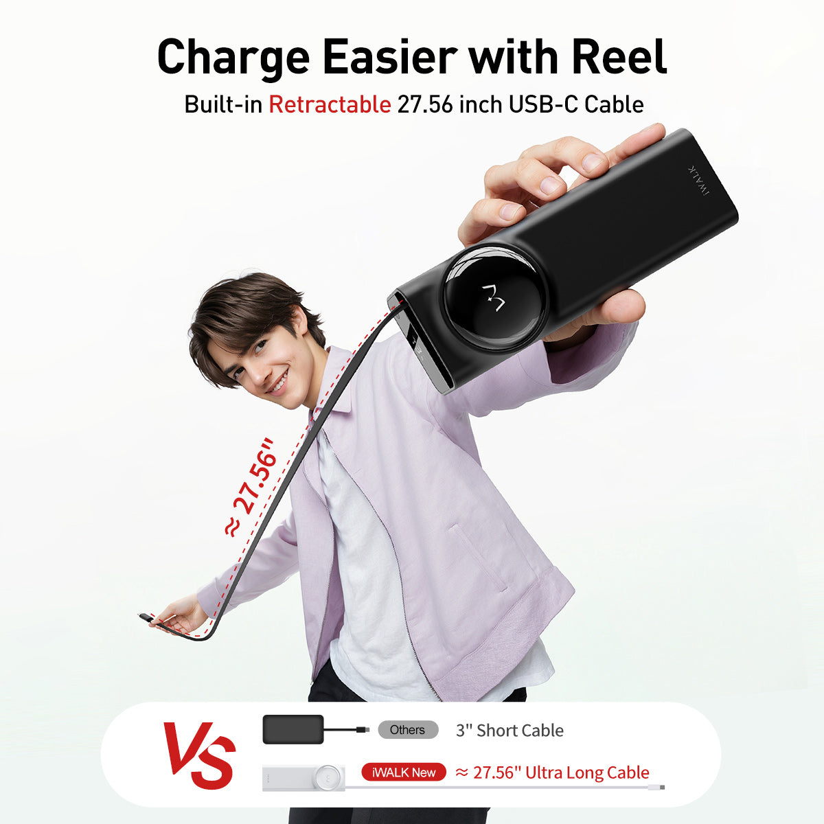 iWALK LinkPod Reel 20000 | 20000mAh, 65W Fast Charging with Built-in 2.3ft Retractable Cable