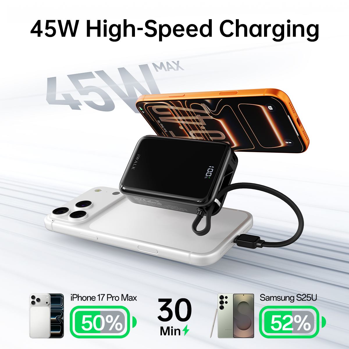 iWALK MagicGo 10000 |45W PD Fast Charging Power Bank with Built-in Cable & Holder