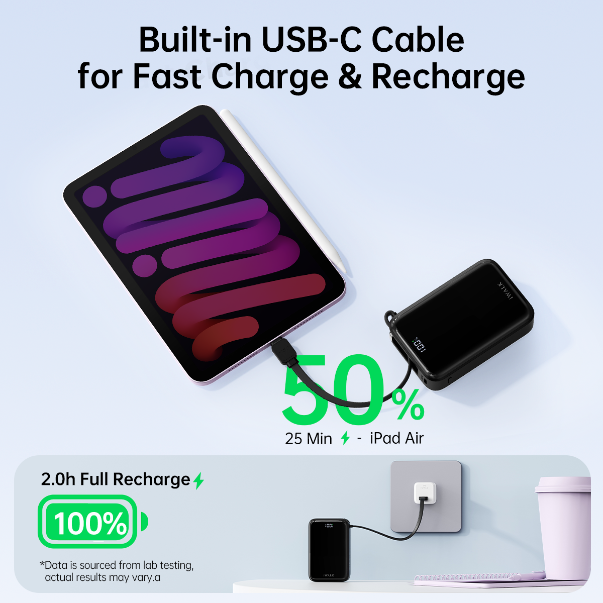 iWALK MagicGo 10000 |45W PD Fast Charging Power Bank with Built-in Cable & Holder