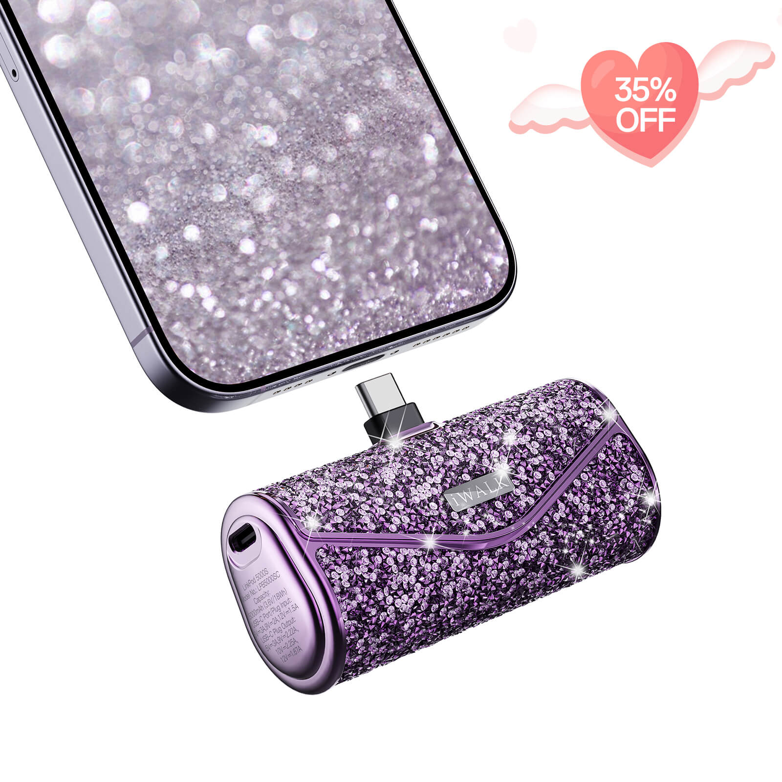 iWALK LinkPod 5000S portable charger with 22.5W fast charging and sparkly diamond design
