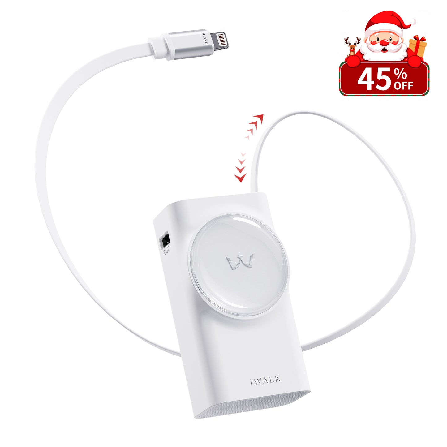 iWALK LinkPod Reel 10000|30W Built-in 2.3ft Lightning Cable Portable Charger