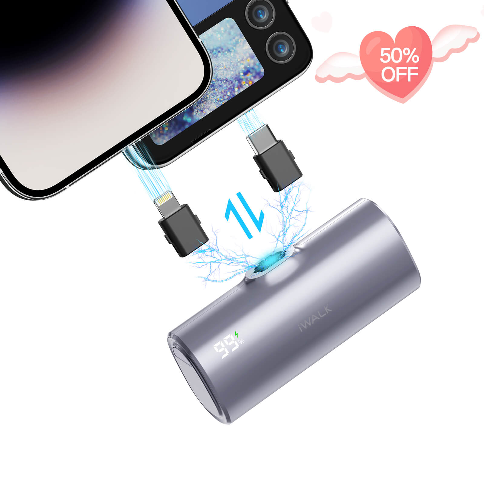 iWALK LinkPod X portable charger with USB-C and Lightning plugs for versatile charging